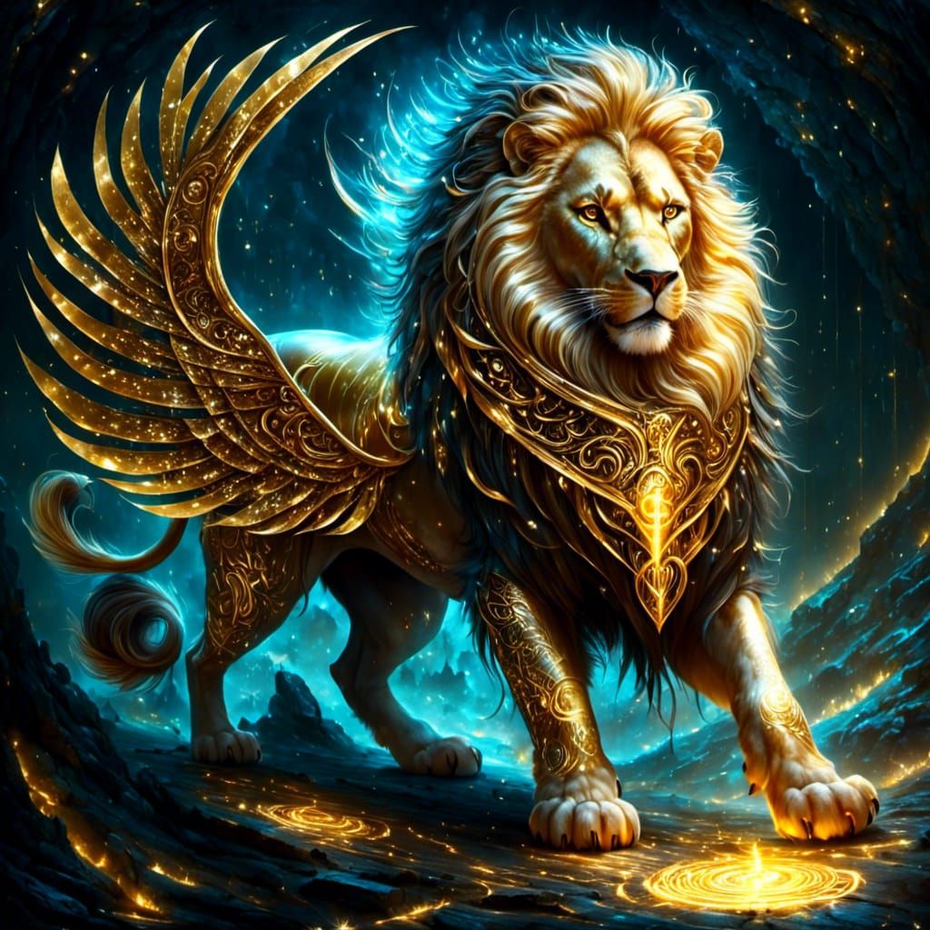 Lion-Porcupine-Pegasus Hybrid with Glowing Runes: Digital Ar...