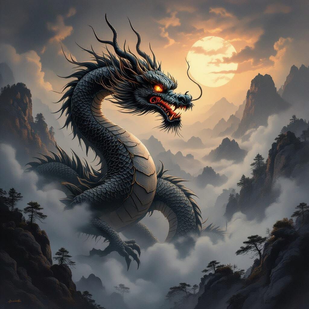 Asian Dragon Sketch in Dramatic Atmosphere