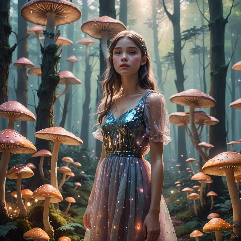 Girl in Forest with Glowing Mushrooms as Digital Art