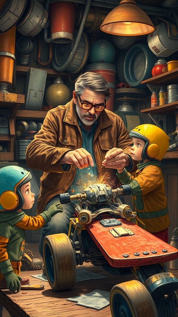 Magical Garage Alchemist Building Spaceship with Kids