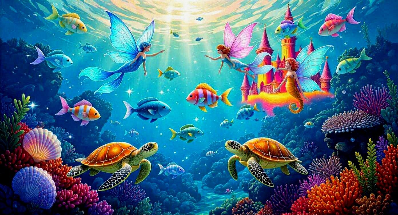 Vibrant Fairy World Ocean with Winged Fish