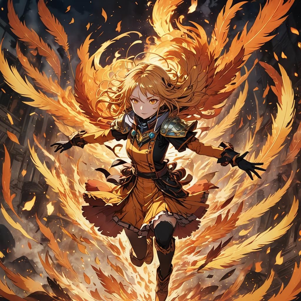 Anime Phoenix Character in Fiery Mid-Air Scene