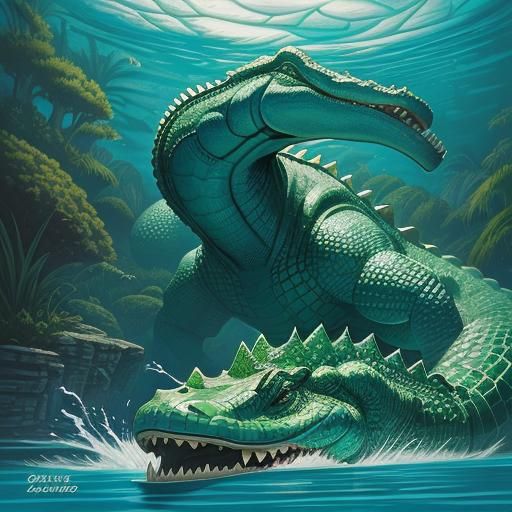 Alligator by Blue Pool in Comic Book Art Style