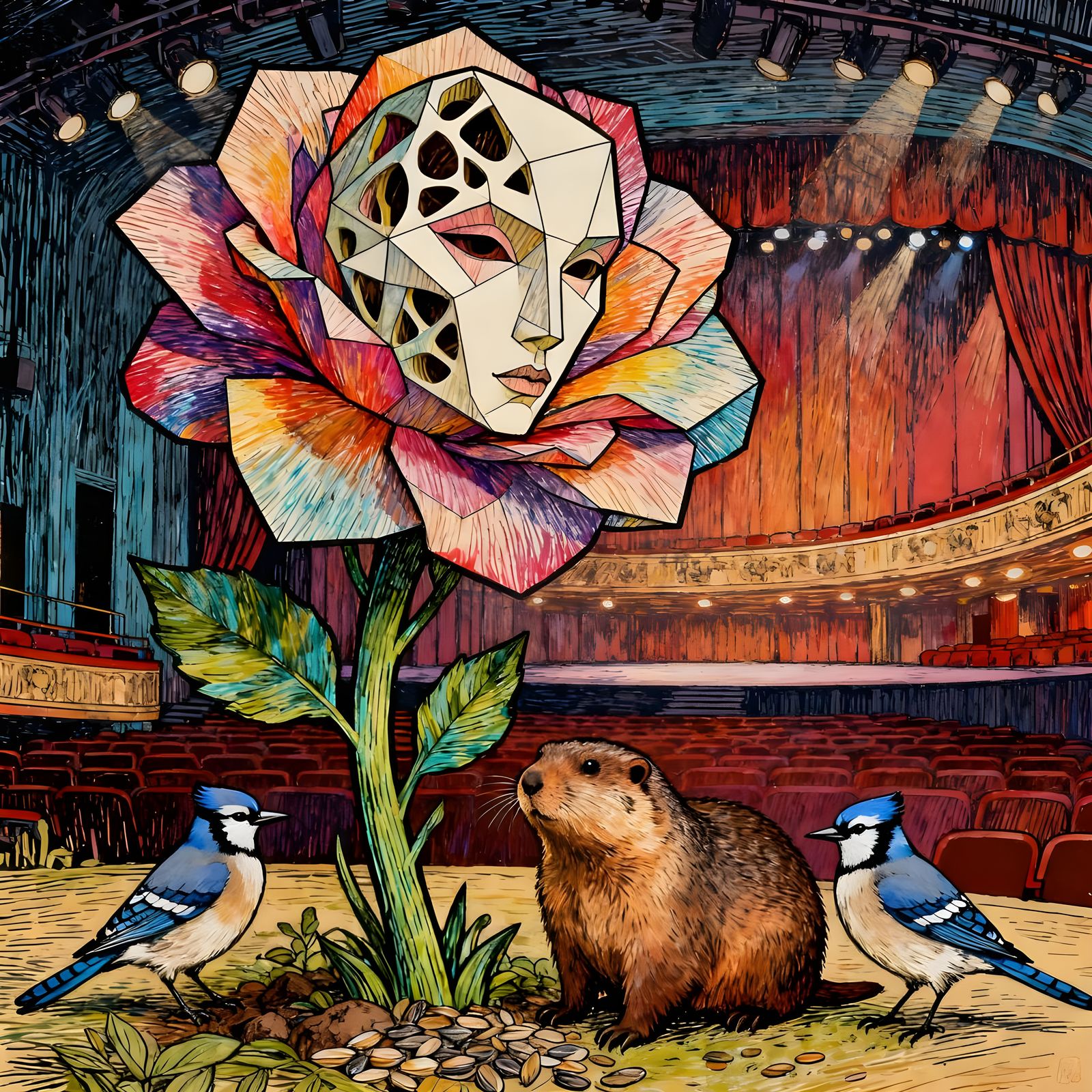 Walking Flower Woman with Geometric Cheekbones and Seed Busi...