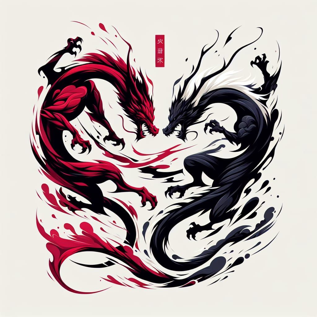 Red and Black Dragons Clash in Minimalist Style