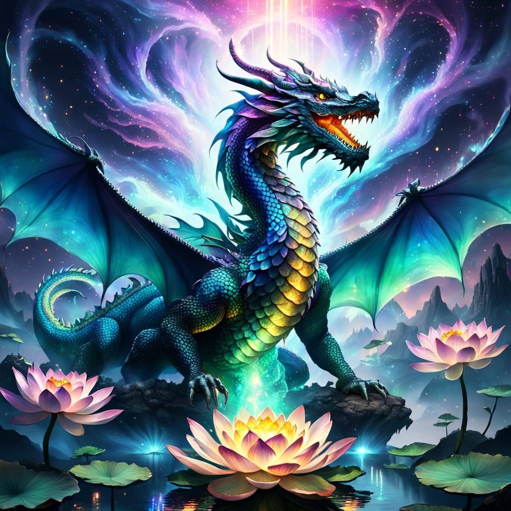 Majestic Dragon Flies Above Glowing Lotus in Surreal Dreamsc...