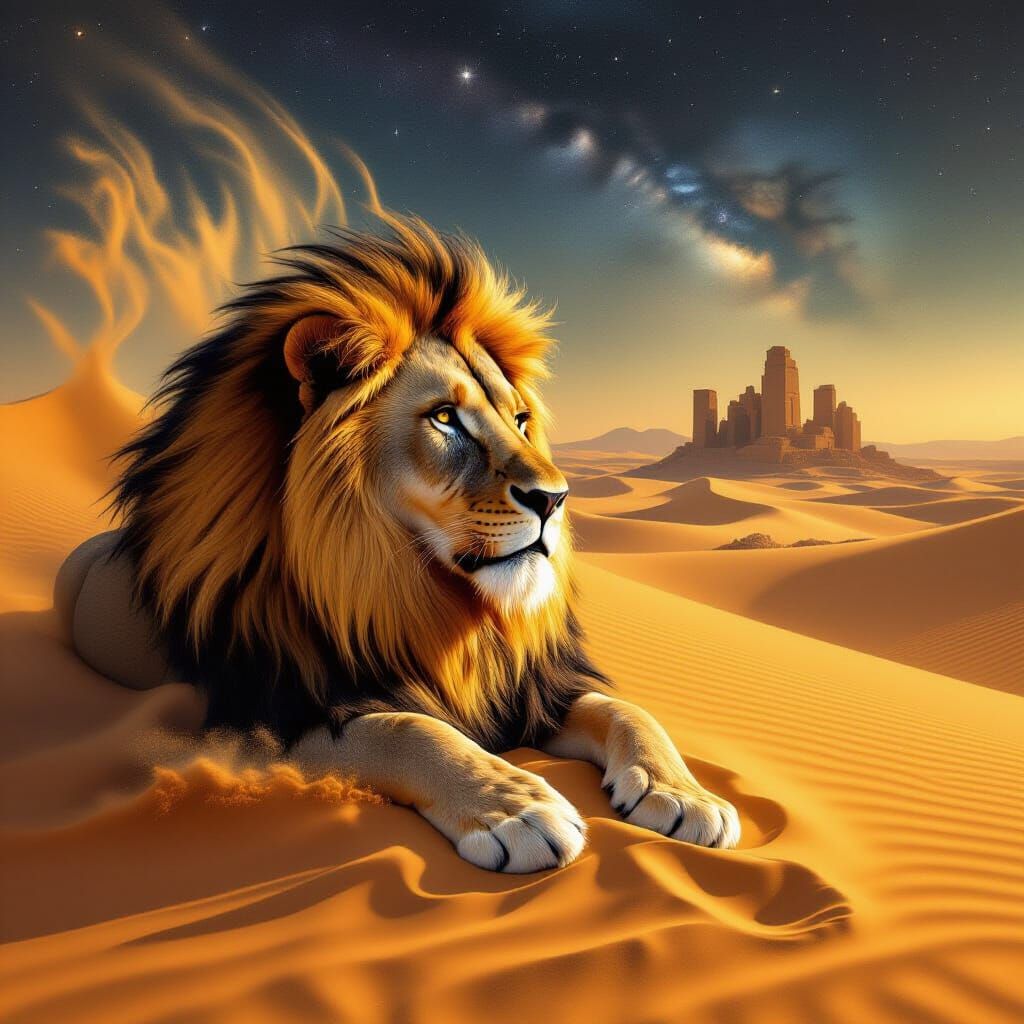 Lion Dissolving into Golden Sand, Hyperrealistic Surrealism