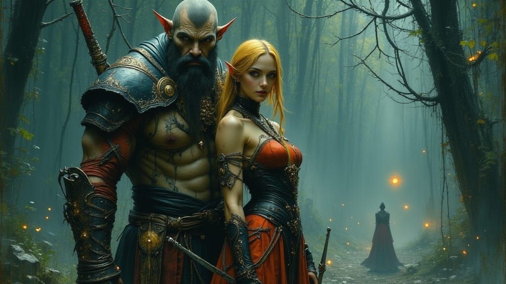 Elf Warrior and Guardian in Forest, Manet Style