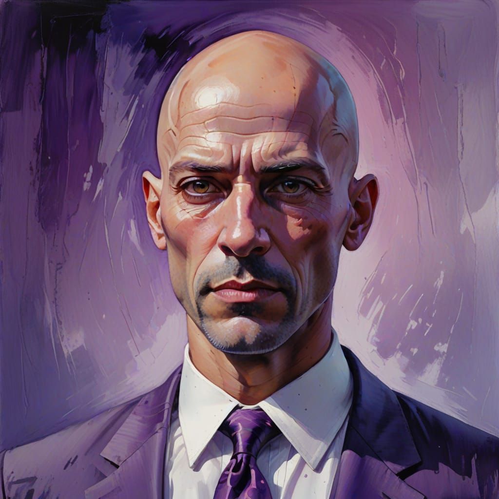 Purple Bald Man in White Shirt: Vibrant Oil Painting