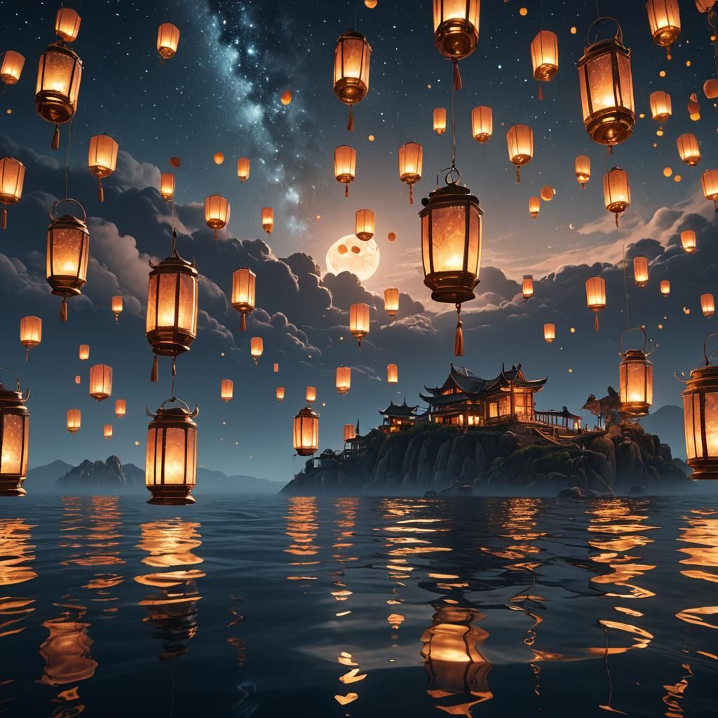 Lanterns Reflecting on Ocean: Fantasy Concept Art