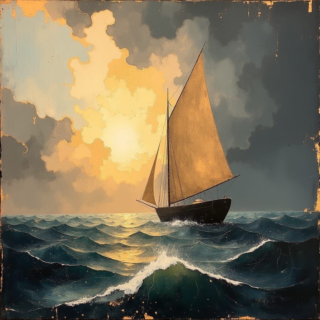 Ship Navigates Stormy Seas at Sunset