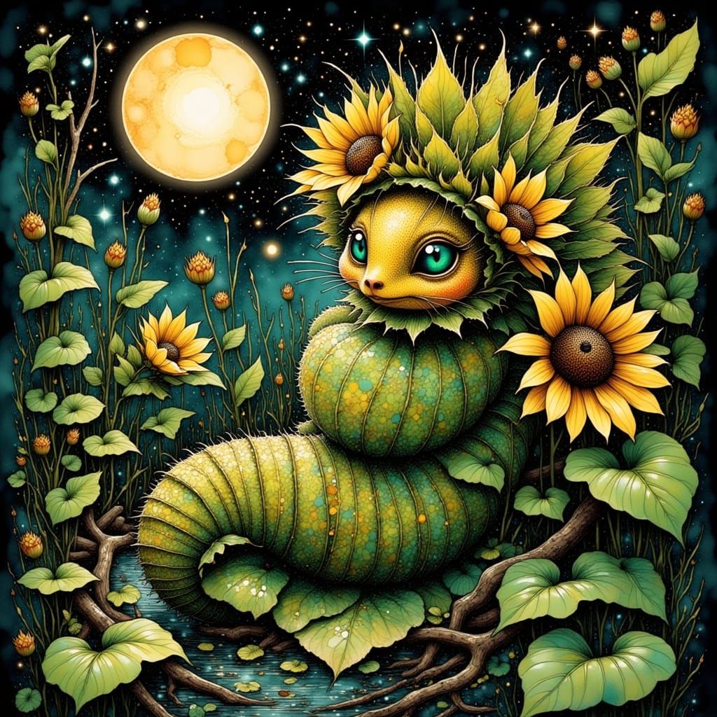 Emerald-Eyed Caterpillar in Art Nouveau Garden