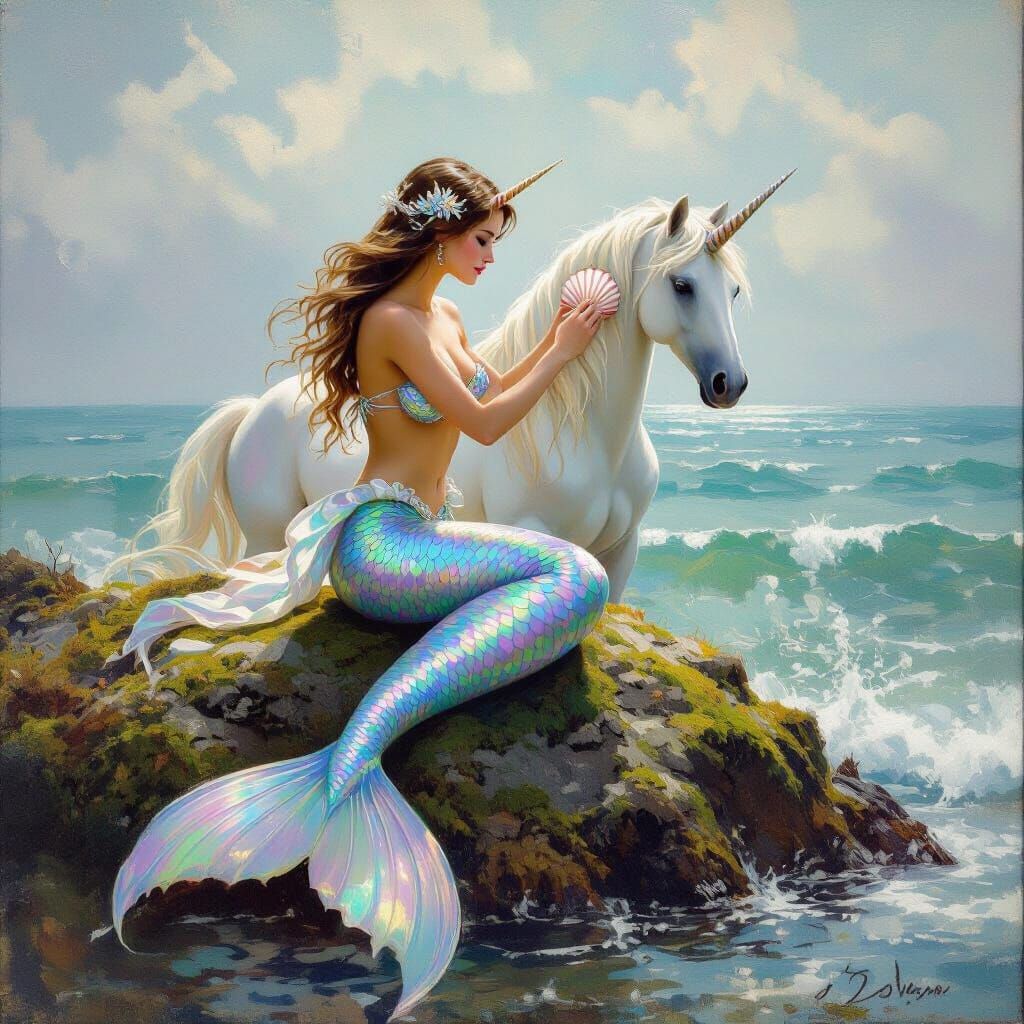 Mermaid Brushing Unicorn's Mane: Impressionist Style