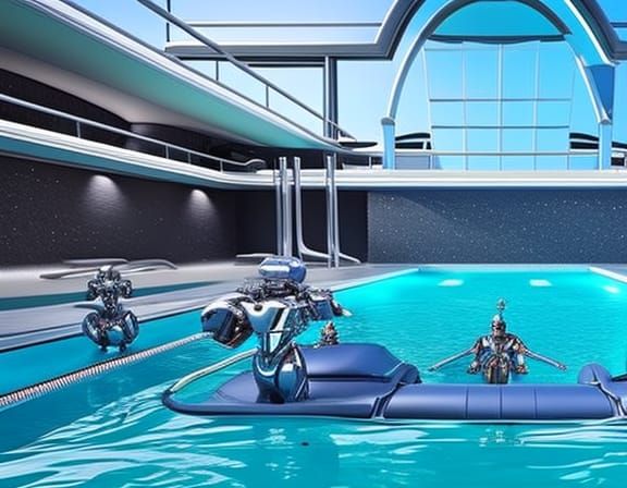 Robots Clean Baroque Pool: Sci-Fi Scene