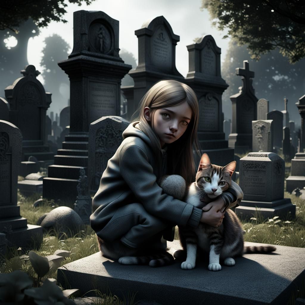 Little Girl Mourns Parents with Cat in Haunting 3D Graveyard...