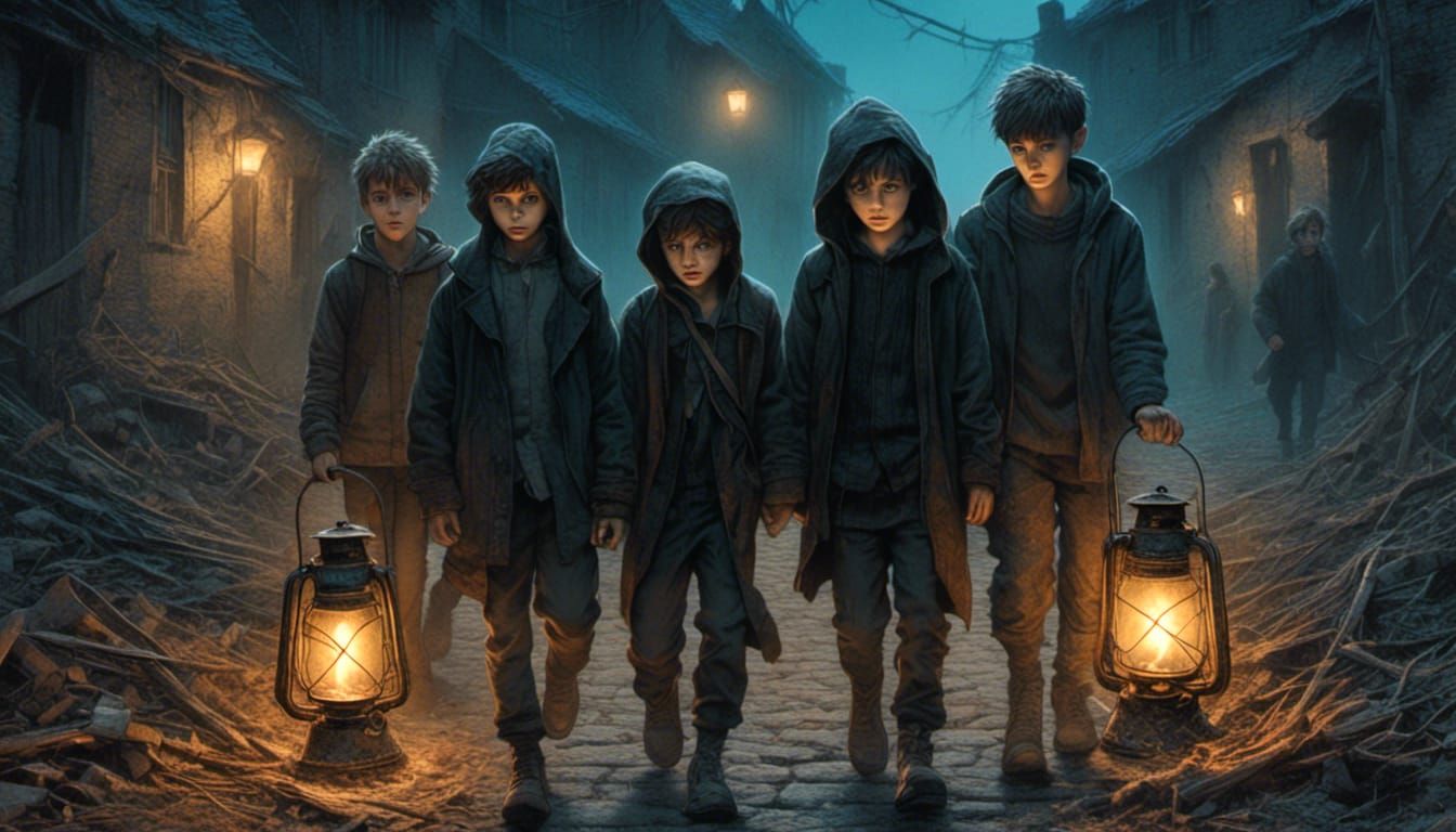 Eerie Children Gather in Dark Alleyway, Gothic Art