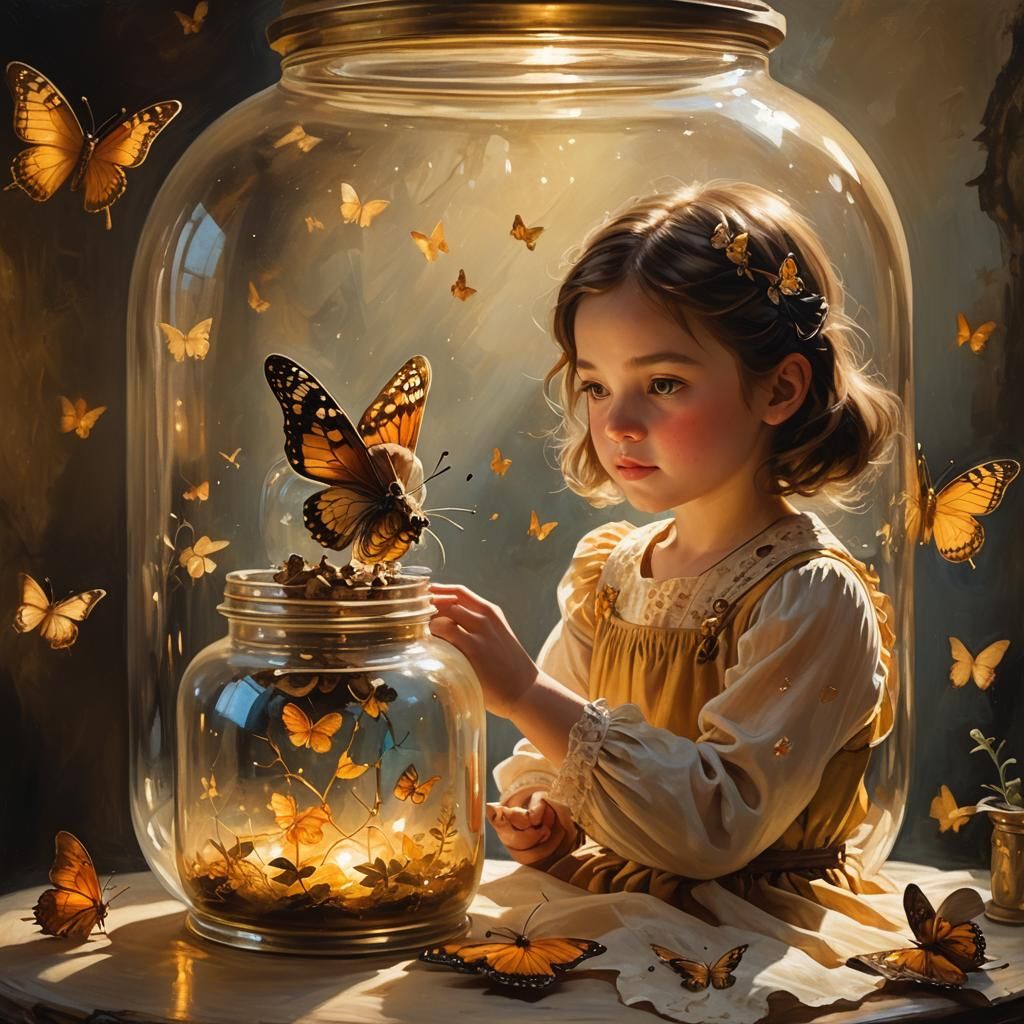Girl in Glowing Jar with Butterfly: Magical Realism