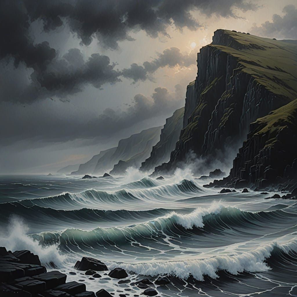 Moody Impressionist Mist Over Tumultuous Sea and Cliffs