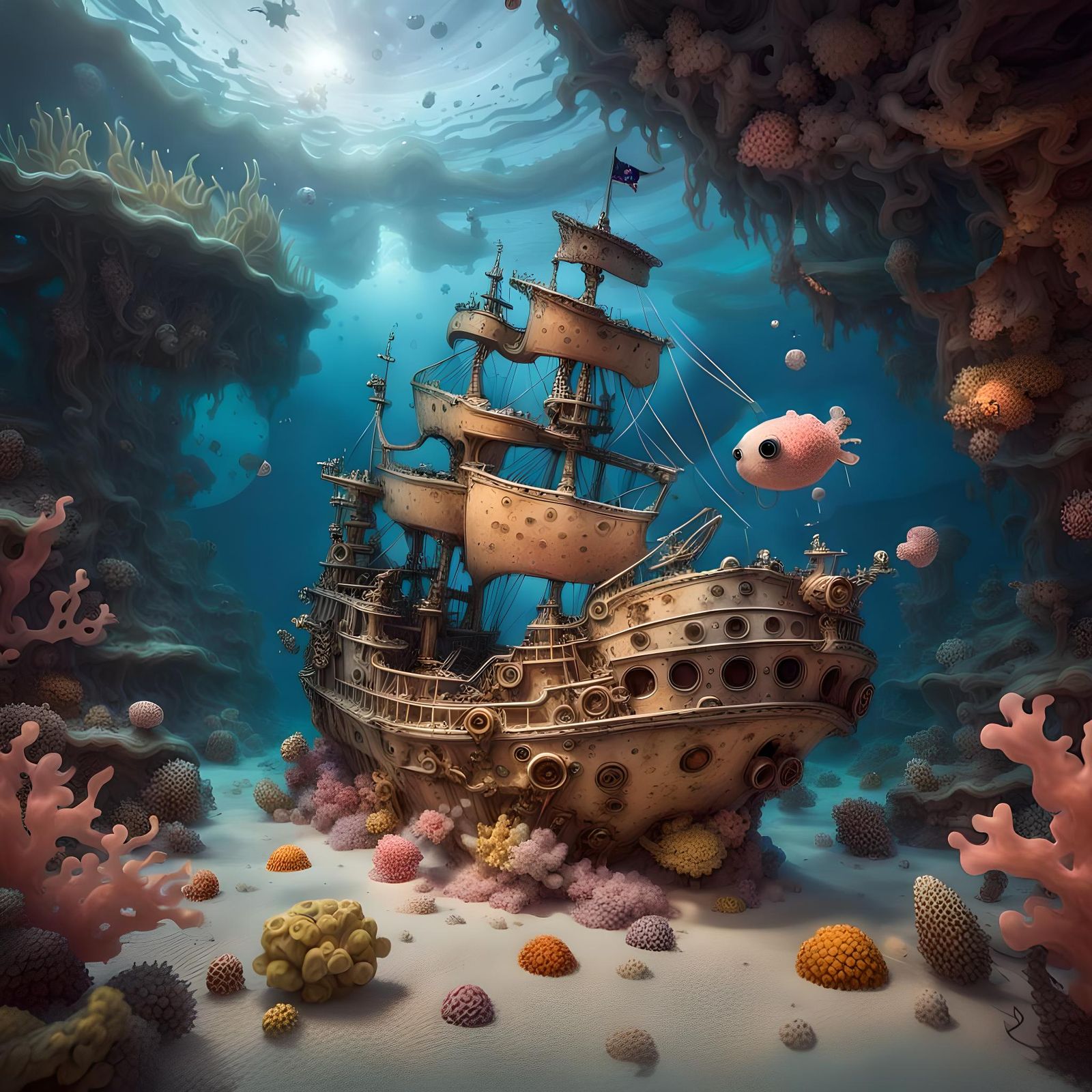 Underwater Sunken Pirate Ship in Coral Reef