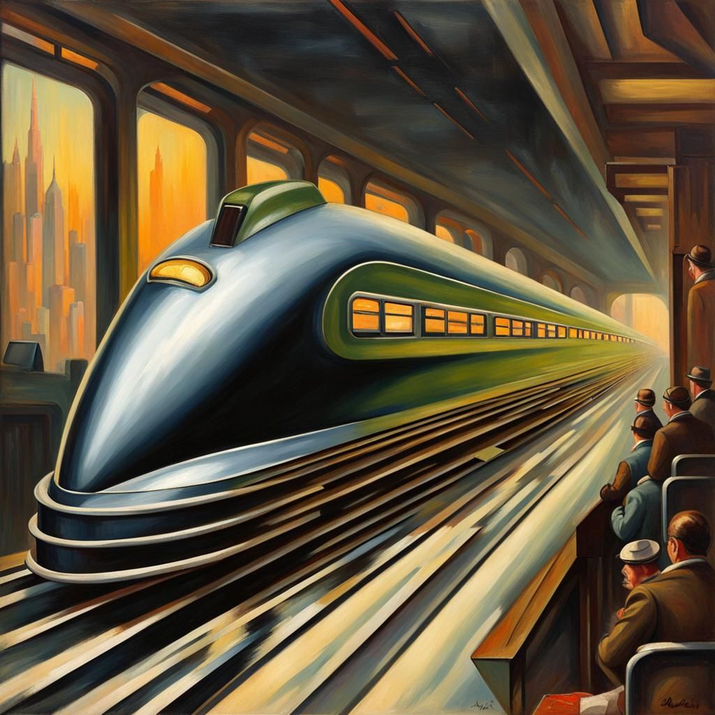Cyberpunk Train in 1920s Art Deco Oil Painting