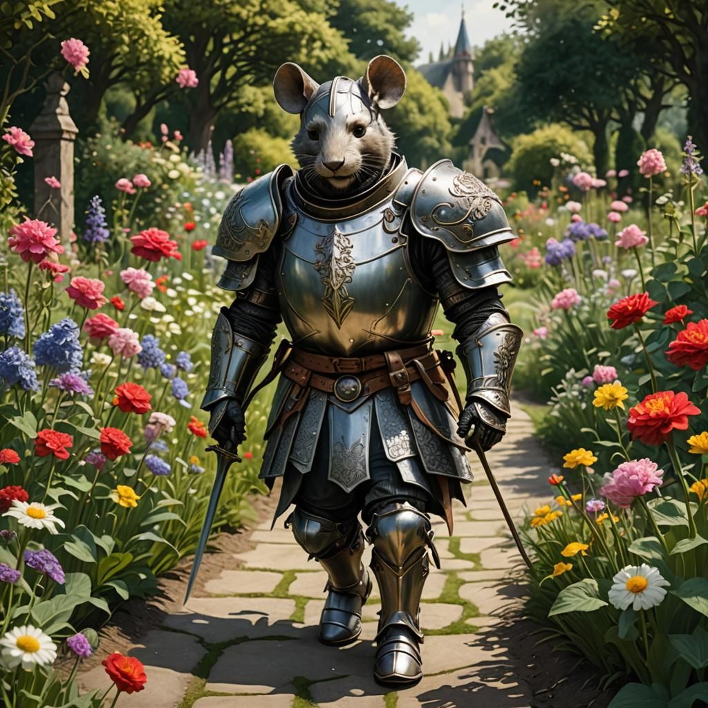 Mouse Knight in Flower Garden, Digital Illustration