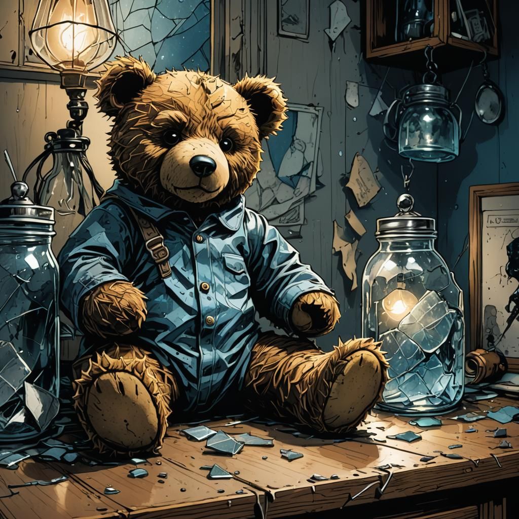 High Contrast Comic Art of Old Teddy Bear