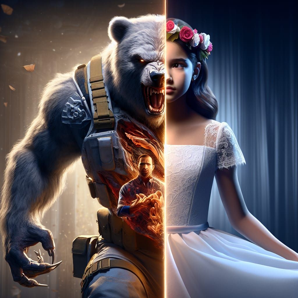 Bear-Bull Soldier with Girl in Dramatic Concept Art