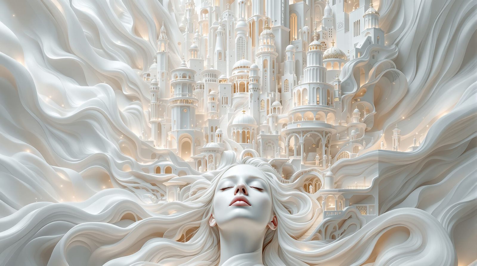 Surreal Hair City Rises from Dreaming Woman