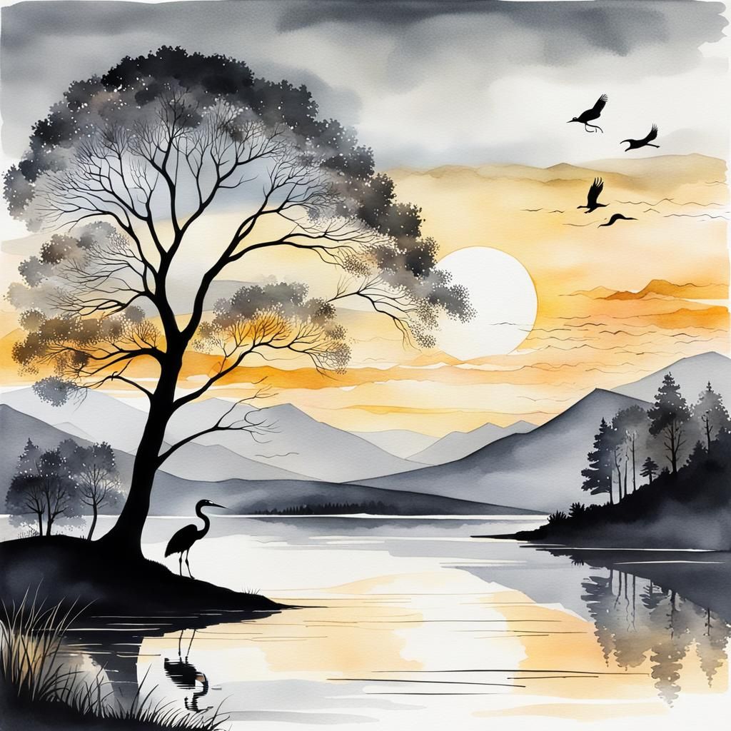 Watercolor Lake Sunset with Heron Silhouette