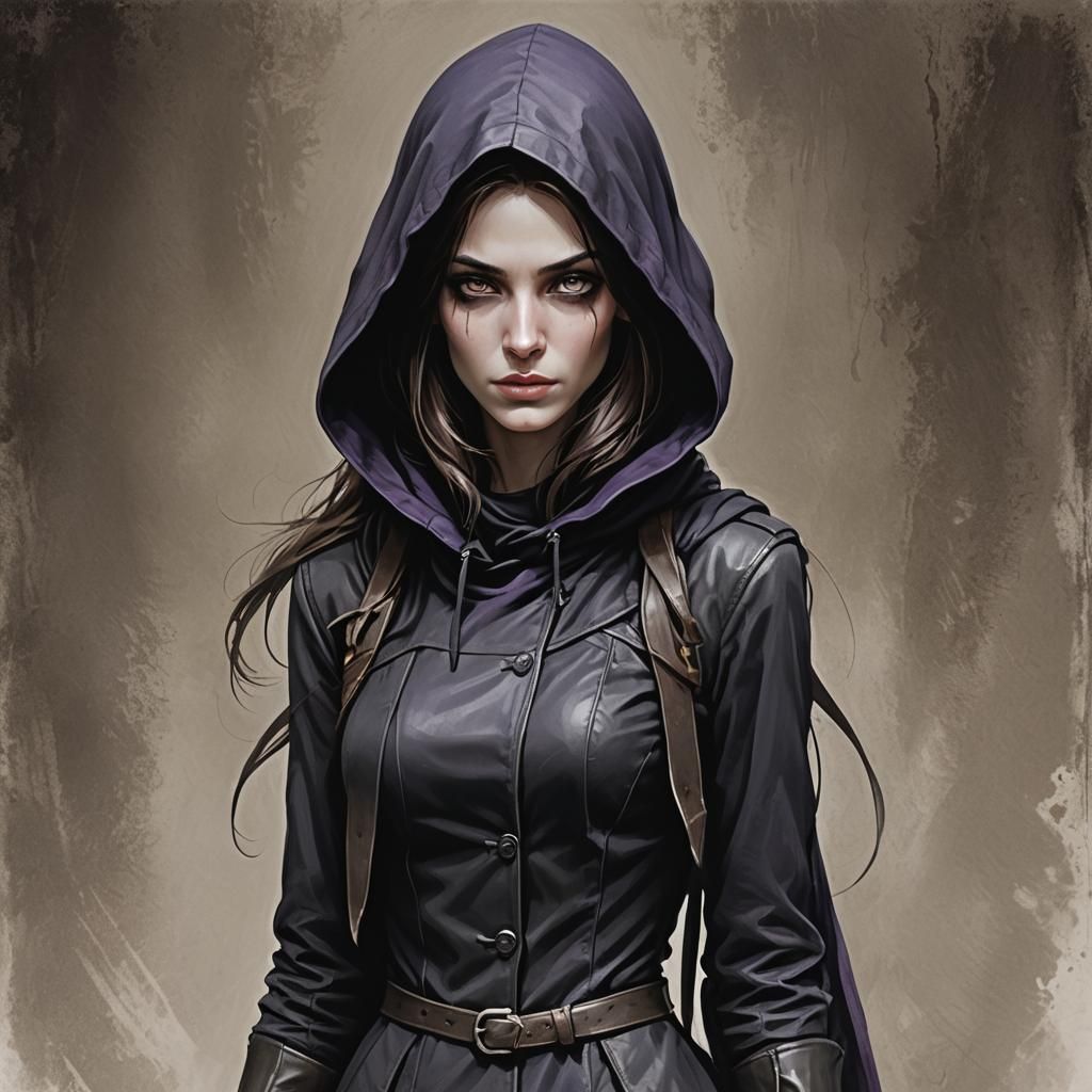 Mysterious Female Thief with Purple Eyes in Sepia