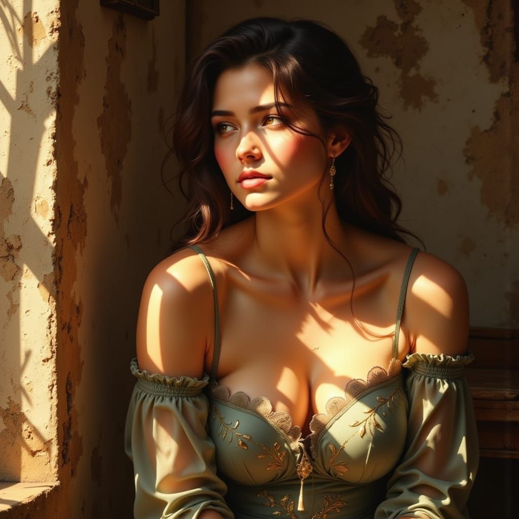 Contemplative Woman in Golden Light, Mucha Style