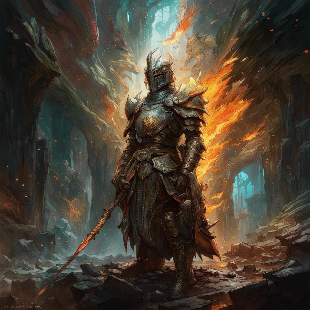 an iridescent, detailed, and epic knight on fire in a dragons cave, highly intricate and hyperdetailed photography by Ba...