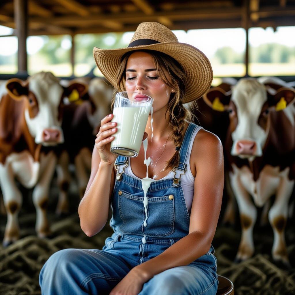 Female Farmer Drinking Milk in Stable, Real Photo