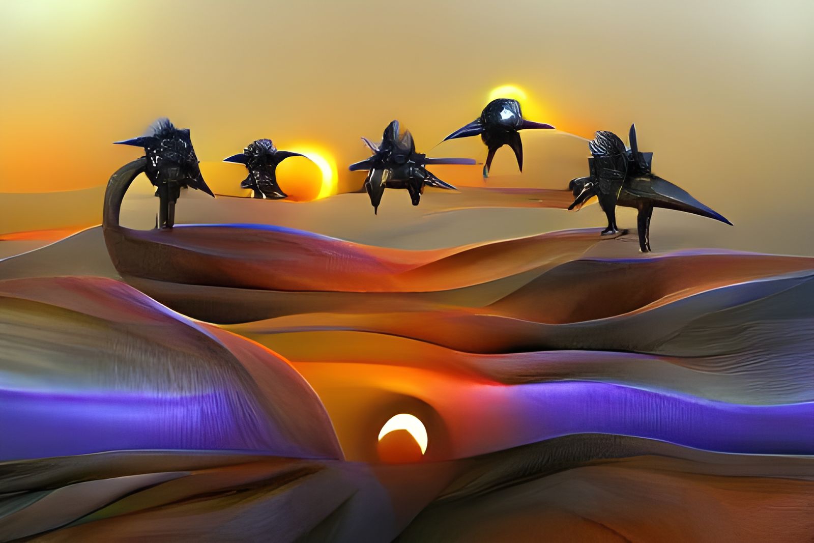 Biomechanical Ducks Fly During Triple Sunset