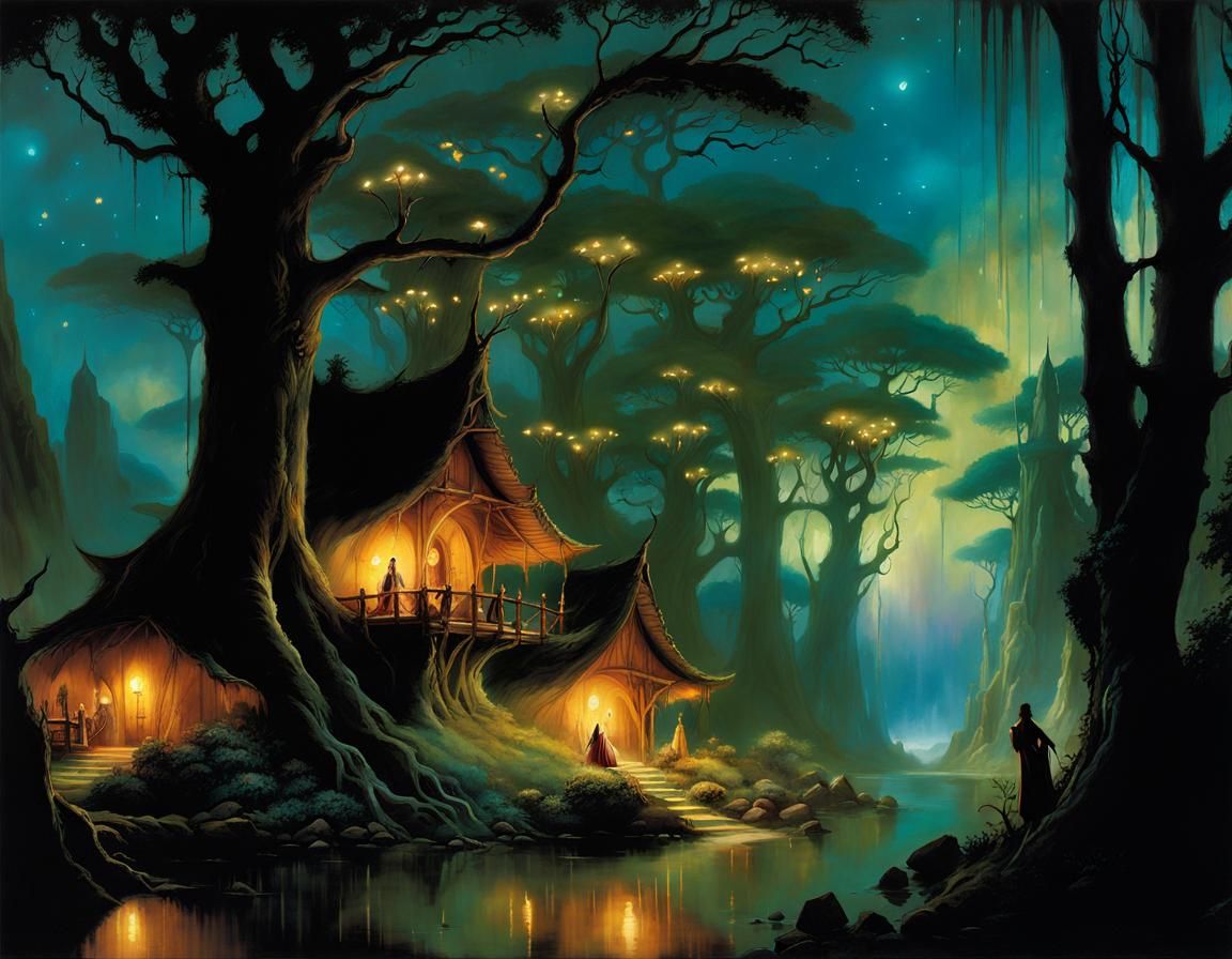 Ethereal Elven Tree Village with Bioluminescence