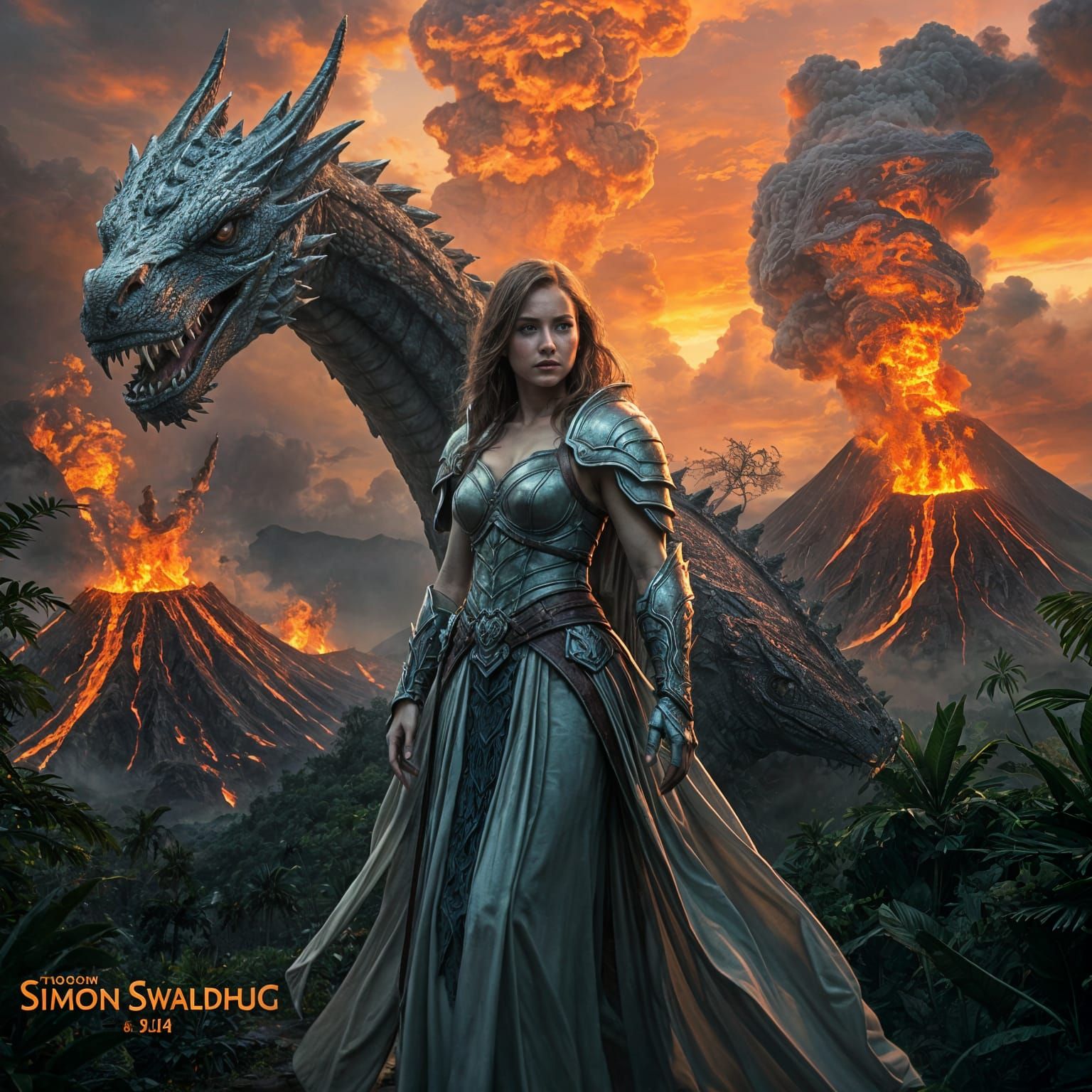 Fantasy Woman and Dragon with Volcanoes in Photorealistic St...