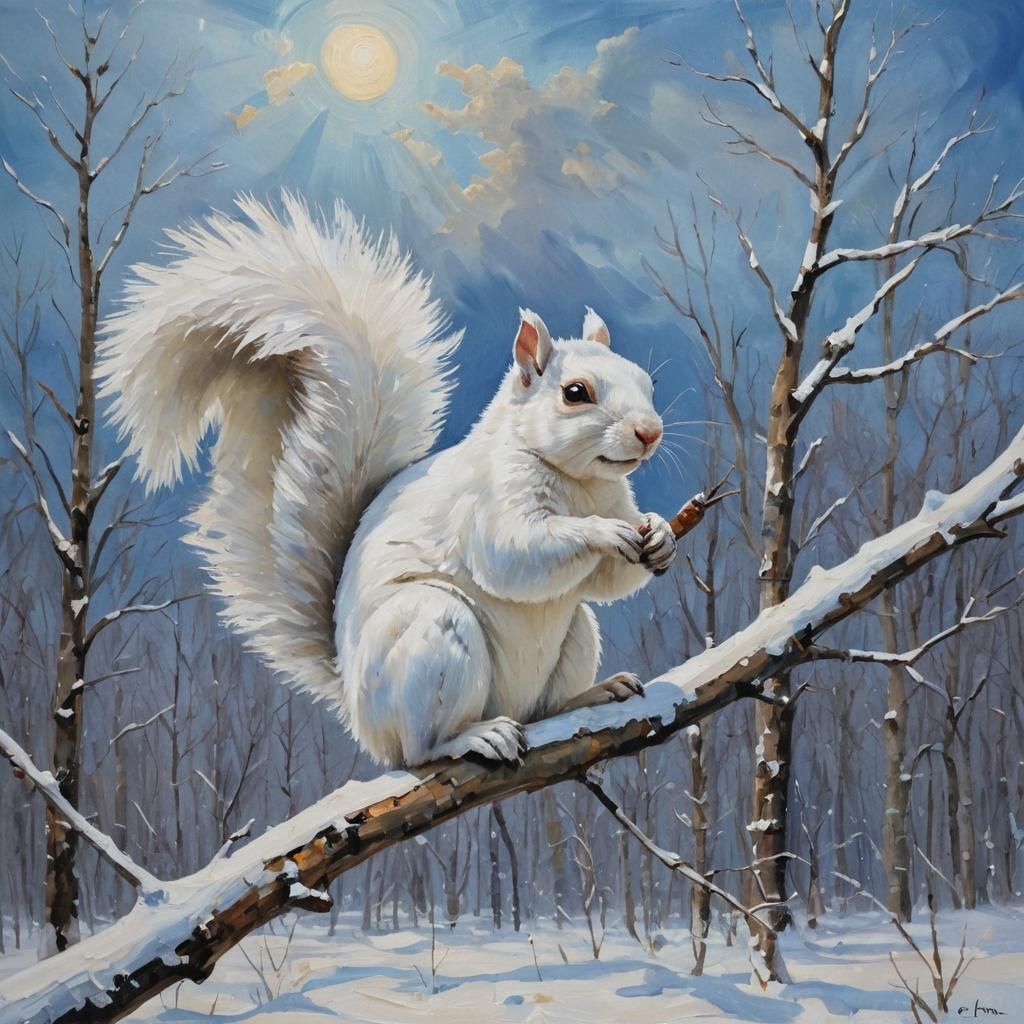 White Squirrel in Winter Sky, Impasto Painting