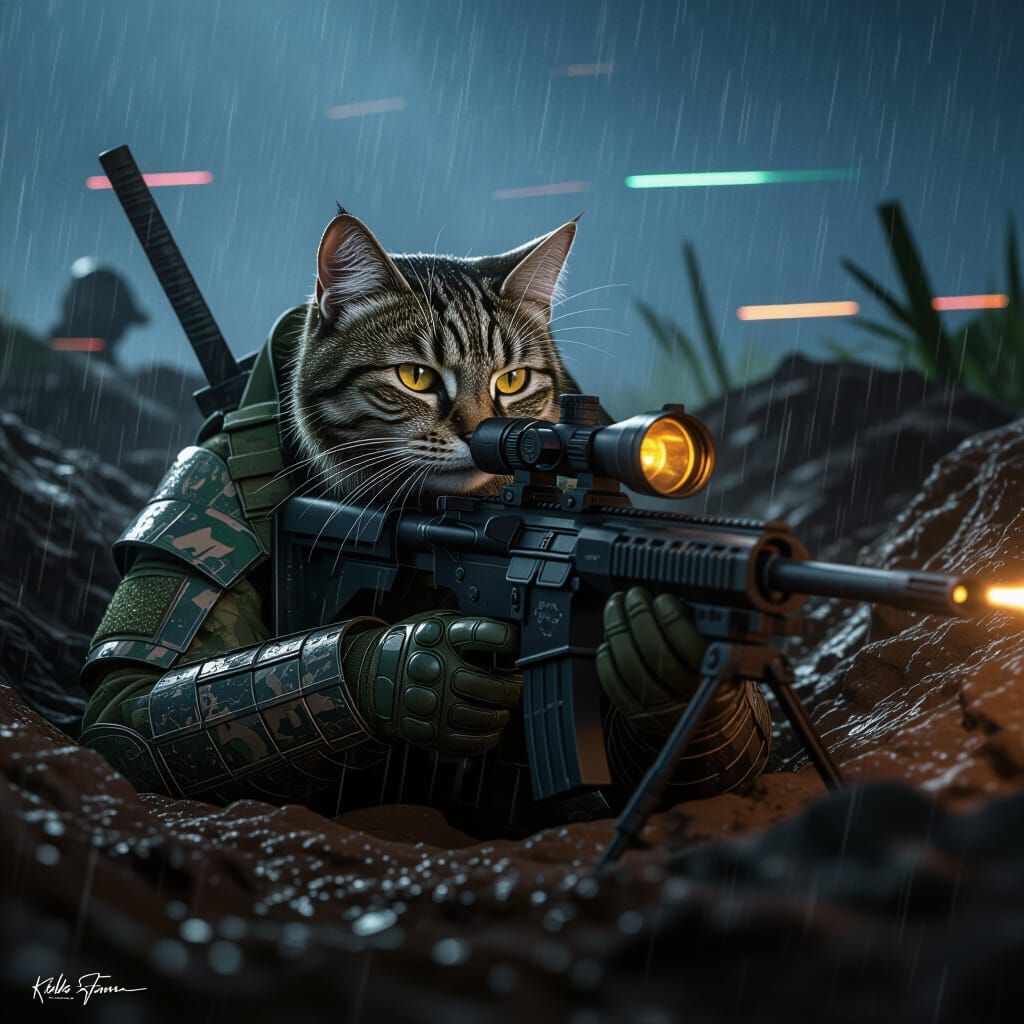 Tactical Cat Sniper in Muddy Trench, Hyper-Realistic Digital...