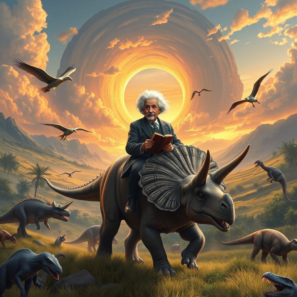 Einstein Rides a Triceratops Through Prehistoric Landscape