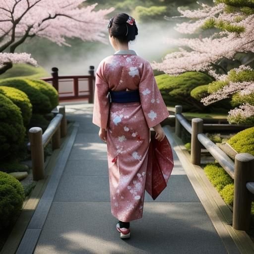 Geisha in Japanese Garden, Ukiyo-e Style