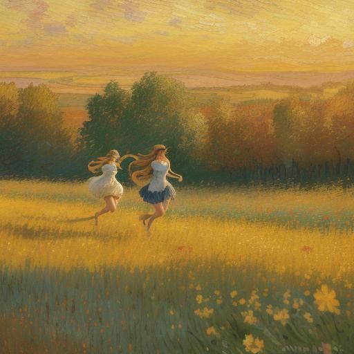 Impressionistic Painting of Woman and Girl Running