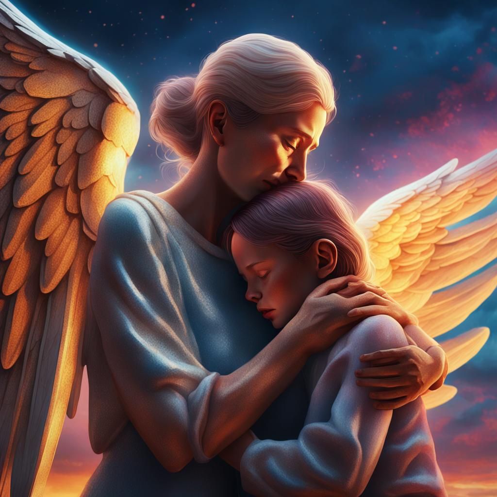 Emotional Angel Embrace: a 3D Rendered Scene