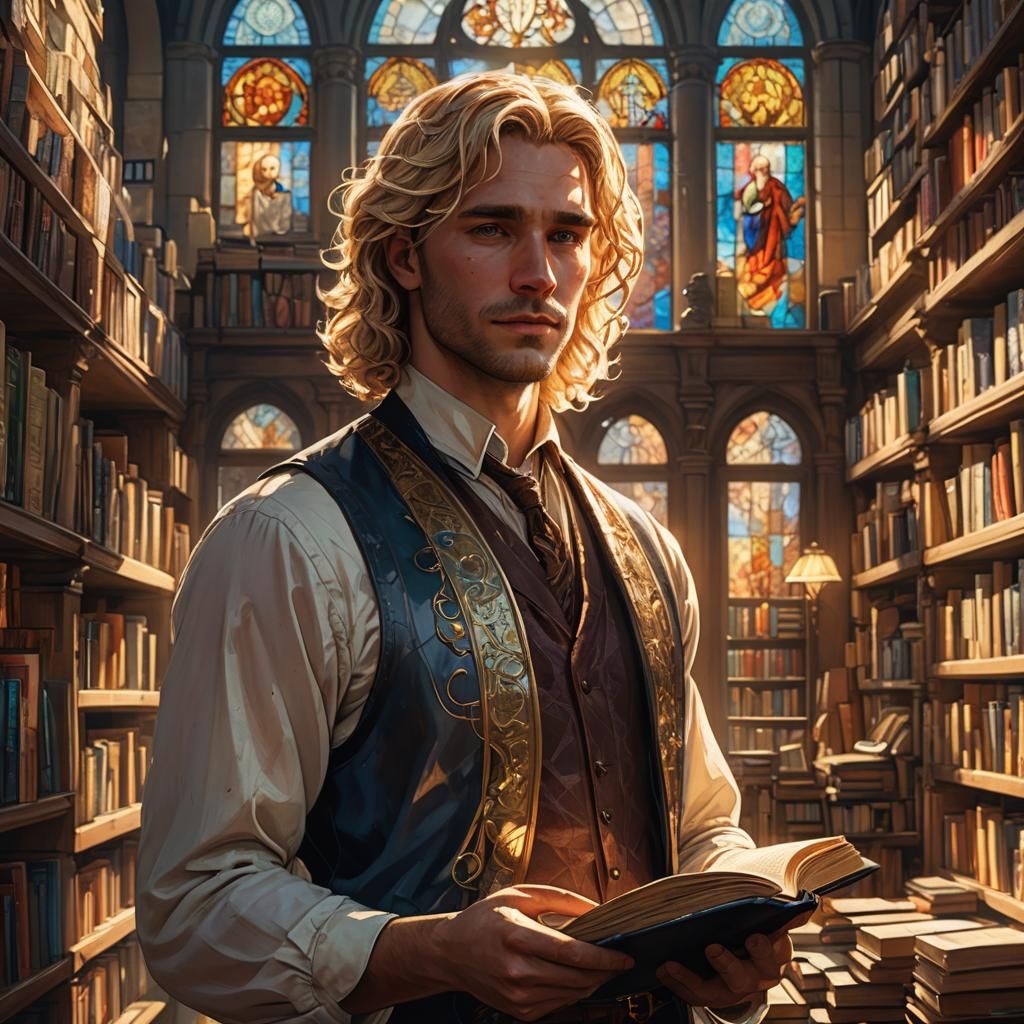 Man in Sunlit Bookstore: Fantasy Concept Art