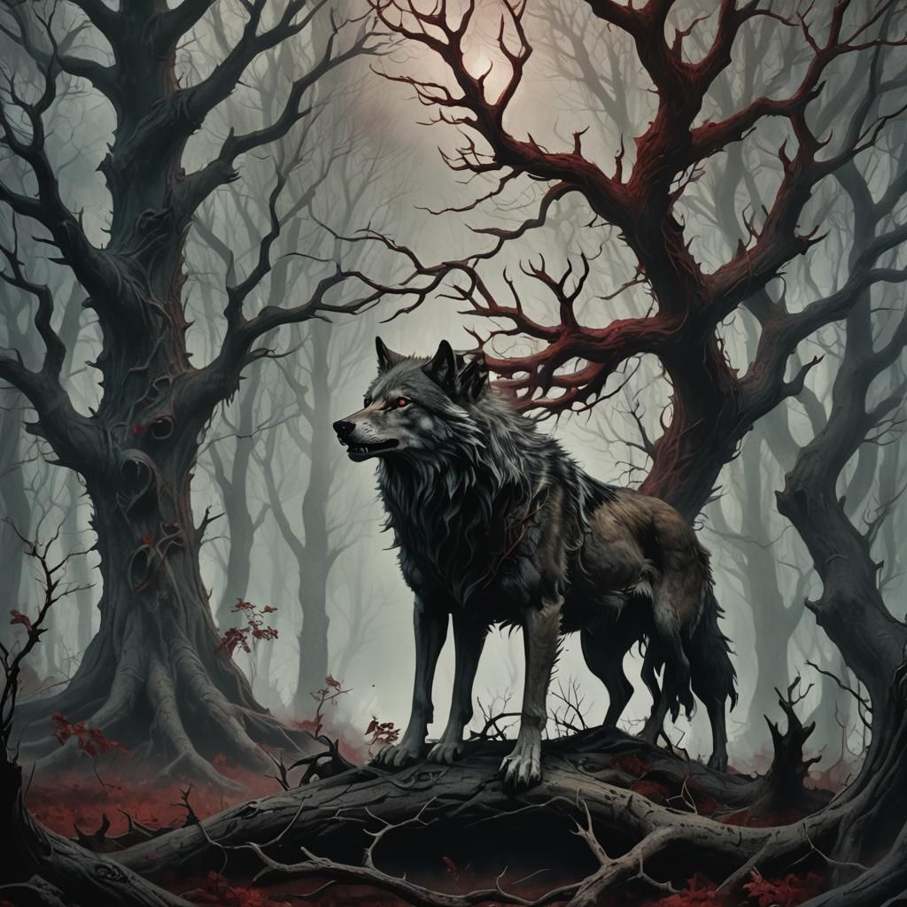 Eerie Wolf Devouring Deer in Misty Forest