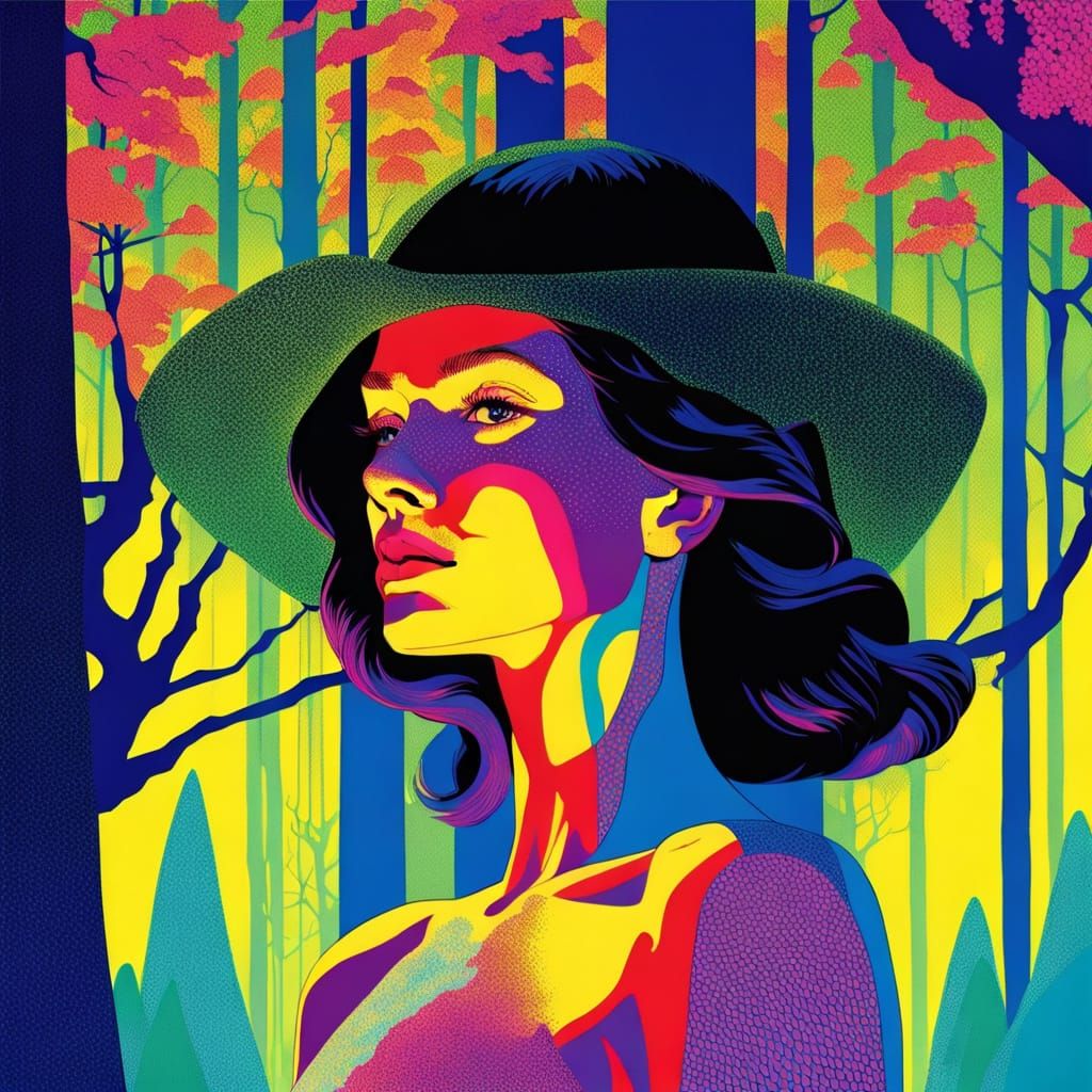 Neon Oil Paint Woman in Bioluminescent Forest