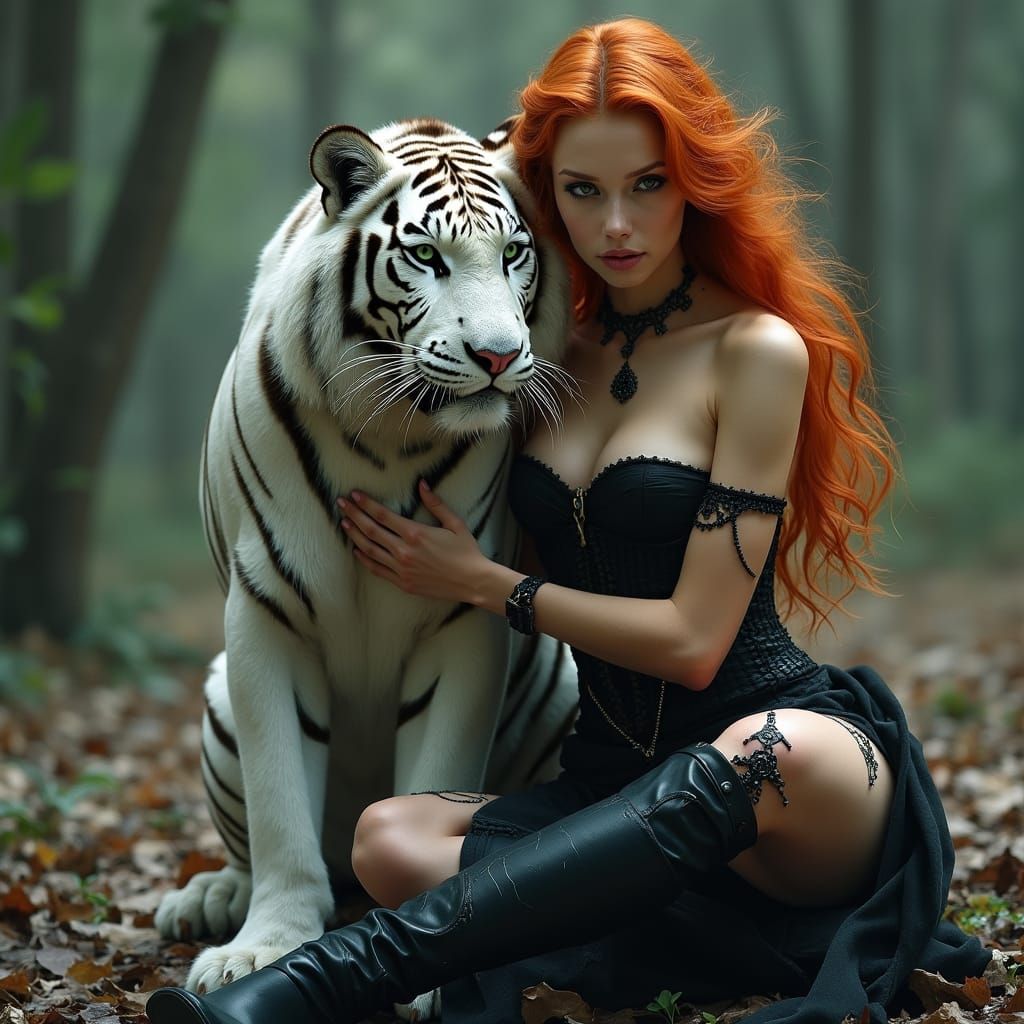 Hyperrealistic Woman with Tiger in Gothic Setting