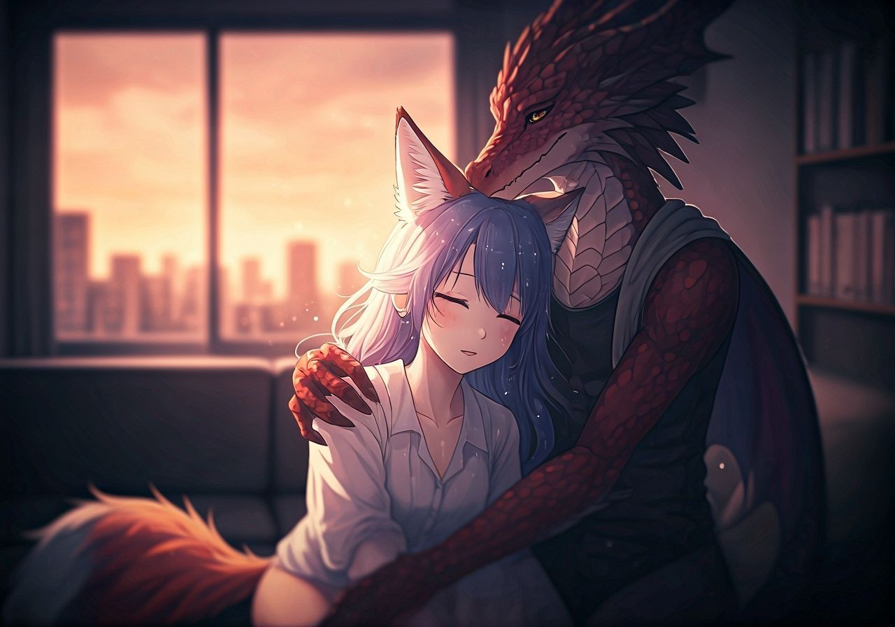Android Fox and Dragon Embrace in Anime Style