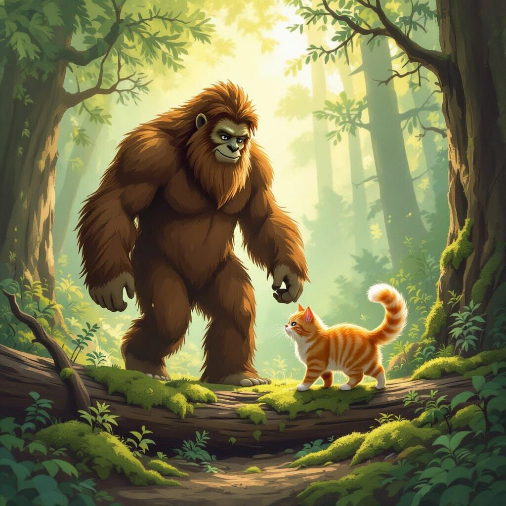 Orange Cat Follows Bigfoot in Sunlit Forest