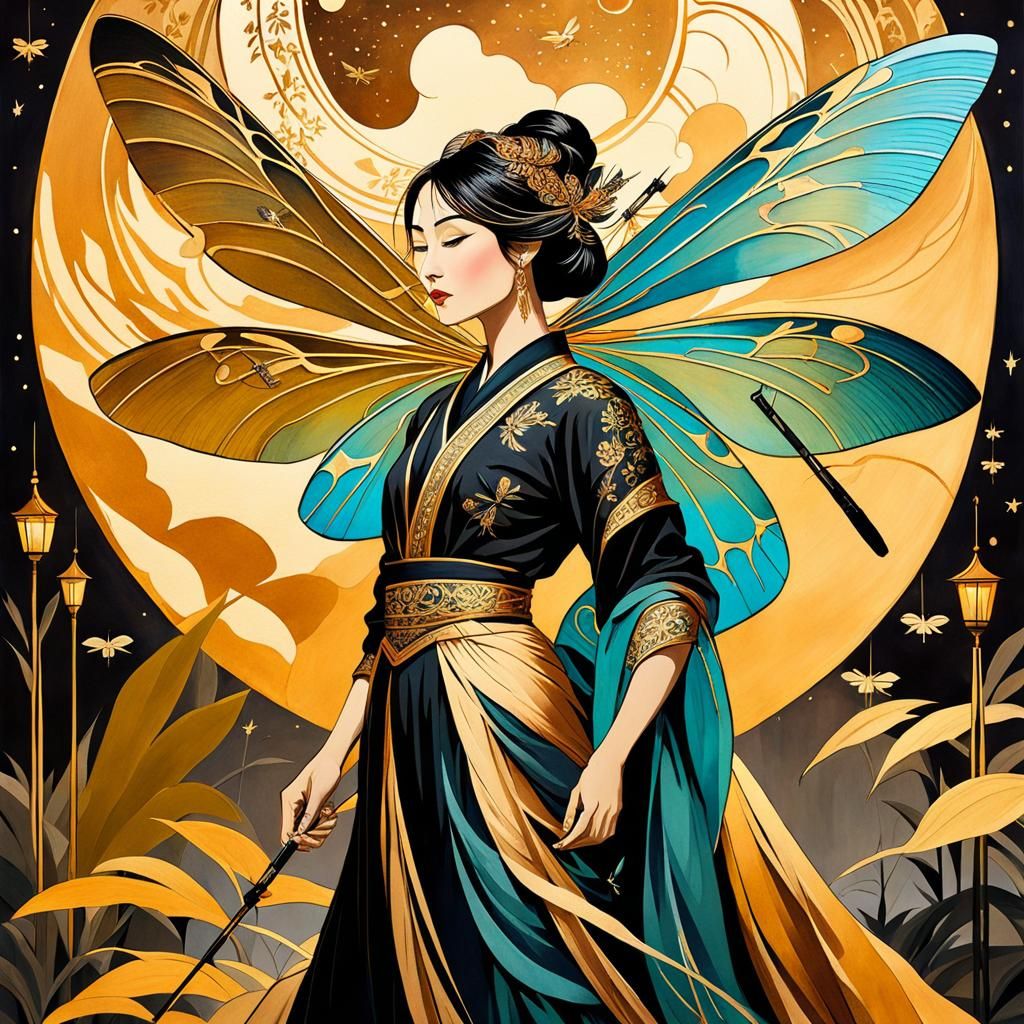 Asian Woman with Dragonfly Wings in Art Nouveau Style