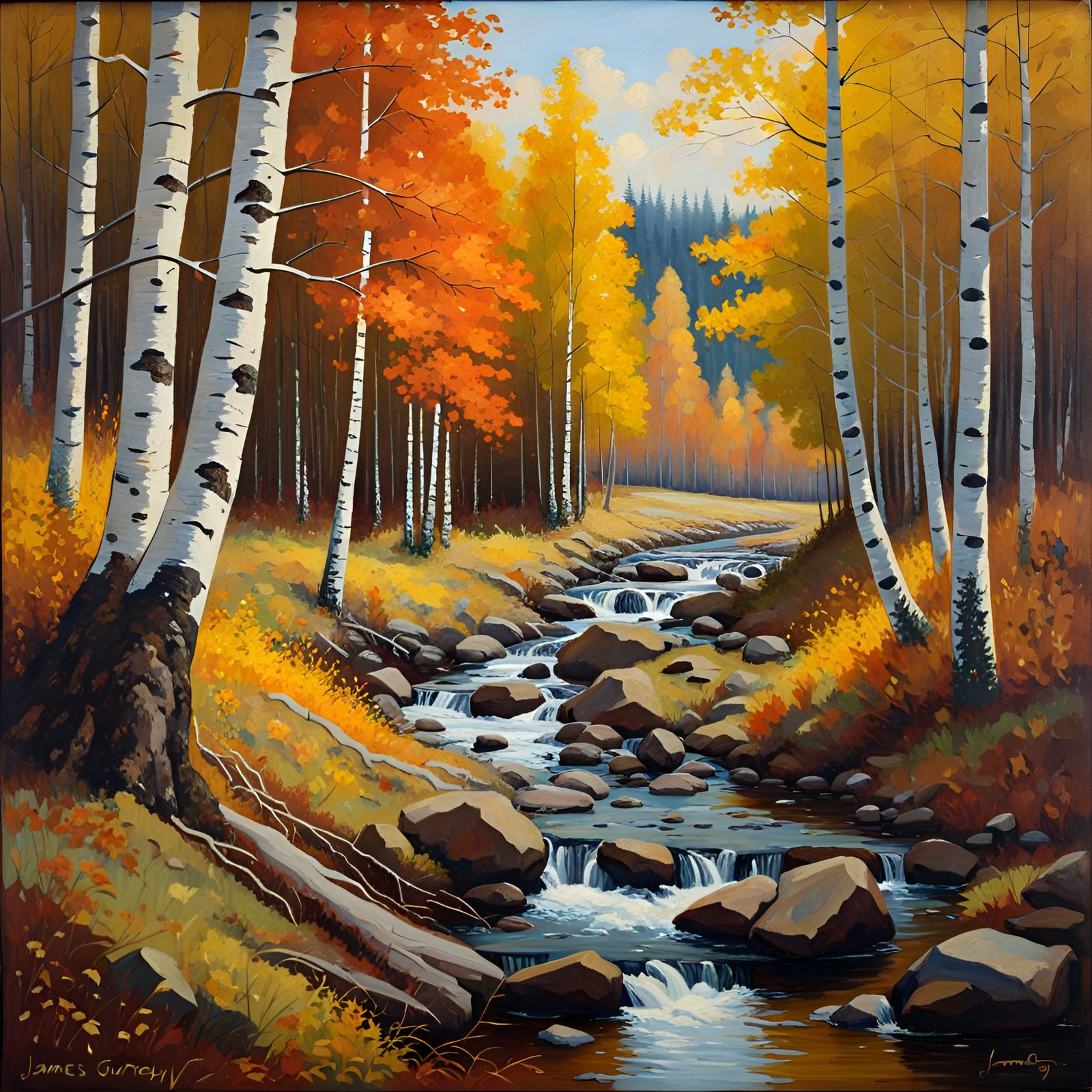 Autumnal Birch Forest Stream: Oil Painting